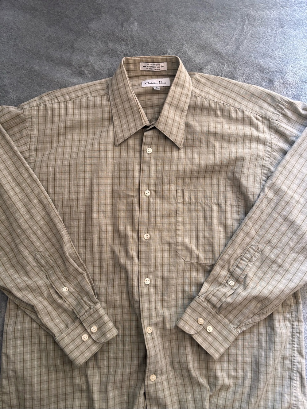 Dior Men's Tan and Cream Plaid Cotton Button-Down Shirt